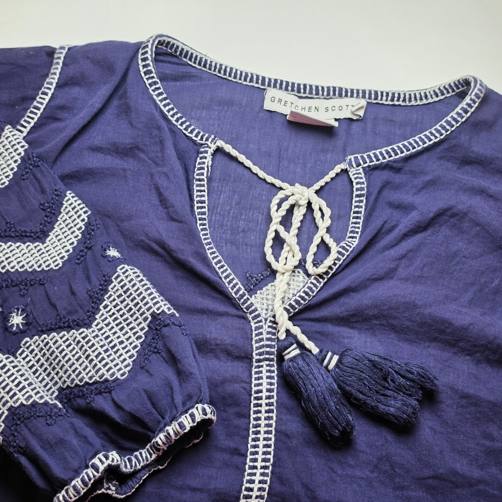 Gretchen Scott Womens Tunic XXL Navy White Embroidered Cotton Tassel Top